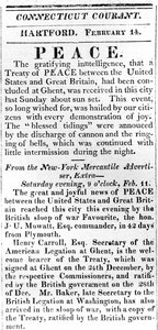 Bredside annoncerer fred mellem USA og Storbritannien efter krigen i 1812, trykt i Connecticut Courant, 1815 (tryk) af American School