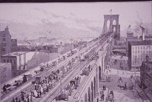 Brooklyn Bridge lige efter åbningsceremonien, offentliggjort 26. maj 1883 (gravering) af American School