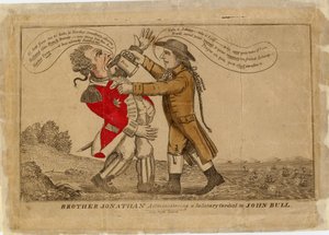 Bror Jonathan giver John Bull en hilsen, 1813 (håndfarvet gravering)