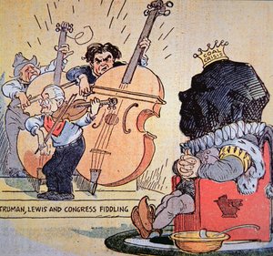 Karikatur af Harry S. Truman (1884-1972) med John Llewellyn Lewis (1880-1969) og kongressens fifl af American School