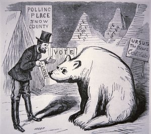 Tegneserie, der viser amerikansk politiker, der forsøger at finde vælgere i det ubeboede Alaska af American School