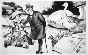 Tegneserie, der skildrer præsident Mckinley, der forsøger at dæmpe den 