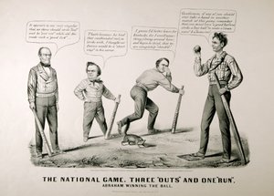 Tegneserie, der viser Abraham Lincoln (1809-65) vinde bolden mod sine modstandere Douglas, Bell og Breckenridge i præsidentvalget i 1860, 1860 af American School