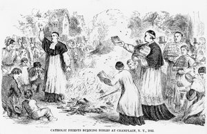 Katolske præster brænder bibler i Champlain, New York, illustration fra en anti-katolsk pjece, 1842 af American School