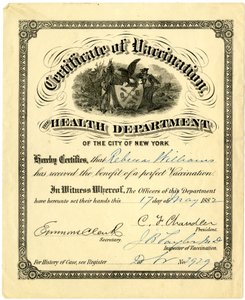 Vaccinationscertifikat, Health Department of City of New York..., 1882 (gravering [certifikat] udfyldt med blæk) af American School