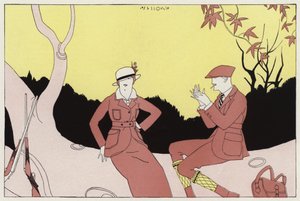 Tilfældigt møde mellem et tidligere gift par, en scene fra novellen A Chance Meeting af J. A. Waldron (farvelitografi) af American School