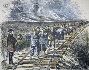 Charles Crocker (1822-88) og hans kinesiske arbejdsstyrke, der konstruerede Central Pacific Railroad, afsluttede 1869 (farve litho) af American School