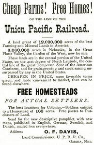Billige gårde og gratis hjem på Union Pacific Railroad-linjen, annonce fra Appletons Journal, 4. maj 1872 af American School