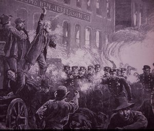 Chicago Haymarket Labor Riot i 1886, gravering offentliggjort i Harper