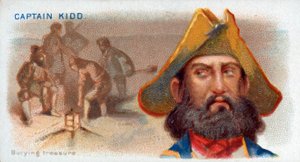 Cigaretkort Captain Kidd, Burying Treasure, pub. 1888 farvelitografi. af American School