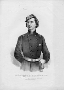 Oberst Elmer E. Ellsworth: 1. Regt. New York Fire Zouaves, pub. af Currier & Ives, ca. 1862 af American School