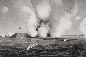 Kamp mellem det konfødererede CSS Virginia (venstre) og Union USS Monitor (højre) den 9. marts 1862 ved Hampton Roads, Virginia (detalje af 254608) af American School