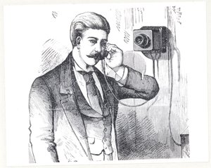 Kondensatortelefon i brug, fra The Electric Telephone af George Bartlett Prescott (f.1830), 1890 af American School