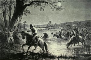 Konfødererede hær krydser Fords of Potomac River under invasionen af Maryland i 1862 (litho) af American School