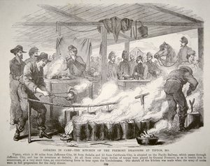 Madlavning i lejren - Fremont Dragoons køkken i Tipton, Missouri (gravering) af American School