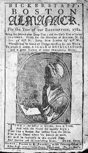 Forside af Bickerstaffs Boston Almanack med et portræt af Phillis Wheatley (1753-84) udgivet 1782 (tryk) af American School