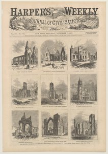Cover af Harpers Weekly viser scener af de ødelagte kirker i Chicago, 11. november 1871 af American School
