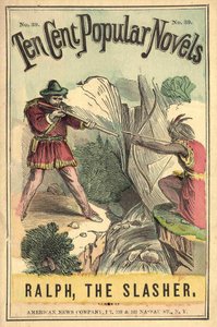 Omslag til bogen "Ten cent popular novels - Ralph, the Slasher", nr. 39. American News Company. En indisk og en hvid duel. Brændende sd. begyndelsen af det 20. århundrede. af American School