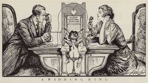 Amor orkestrerer en telefonsamtale mellem en mand og en kvinde (litografi) af American School