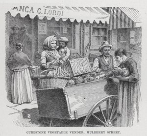 Kantstensgrøntsagsforhandler, Mulberry Street (litho) af American School