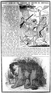 Davy Crockett betaler to franskmænd for at fornærme sin kæreste, tæmme en løvinne osv., illustration fra Crocketts Almanack af American School
