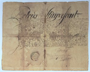 Skøde underskrevet af Peter Stuyvesant, generaldirektør for New Netherland, 15. maj 1664 af American School
