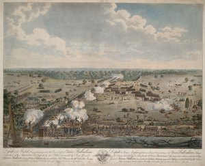 Nederlag for den britiske hær (Slaget ved New Orleans), pub. 1815 (håndfarvet gravering) af American School