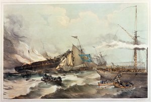 Ødelæggelse af emigrantskibet Ocean Monarch, indgraveret af Maclure, 1845