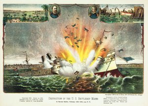 Ødelæggelse af det amerikanske slagskib Maine i Havana Havn 15. februar 1898, pub.1898 af American School
