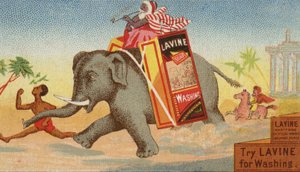 Elefant, der løber med en æske med vaskesæbe af American School