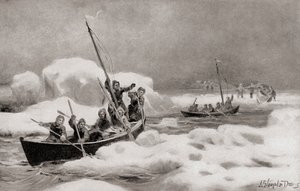 Elisha Kent Kane, leder af The Second Grinnell Expedition i 1853, på jagt efter kaptajn Sir John Franklins tabte ekspedition i de arktiske områder, fra The History of Our Country, udgivet 1905 (litho) af American School