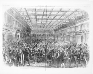 Spændende scene i Repræsentanternes Hus, den 31. januar 1865, om meddelelsen om vedtagelsen af ændringen til at afskaffe slaveri for evigt, fra 