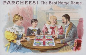 Familie spiller et spil Parcheesi (chromolitho) af American School