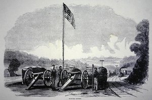 Føderalt sandsækkebatteri til beskyttelse af jernbanen under den amerikanske borgerkrig (1861-65) (litho) af American School