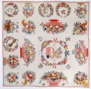 Flag- og blomsterdyne, ca. 1860 (bomuld) af American School