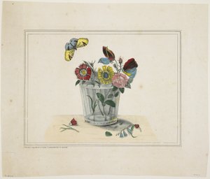 Blomster i et glas, med sommerfugl (håndfarvet litho) af American School