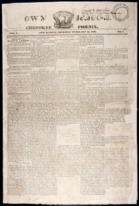 Forside fra Cherokee Phoenix, 21. februar, 1828 (tryk) af American School