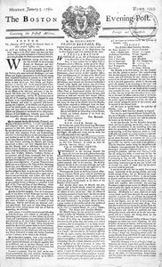 Forsiden af Boston Evening Post, der annoncerer kong George IIs død (1683-1760), 5. januar, 1761 (tryk) af American School