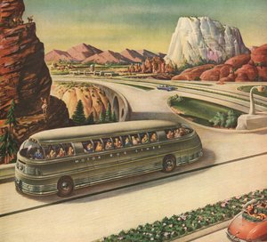 Futuristisk passagerbus, der rejser på en motorvej i det amerikanske sydvest af American School