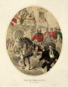 Garibaldi, entré til Napoli, pub. 1860 (håndfarvet gravering) af American School