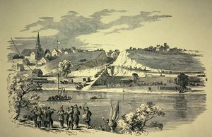 General Banks (1816-94) Union Division krydsede Potomac fra Williamsport, Maryland, for at angribe den konfødererede hær under general Jackson (1824-63) i 1862 (litho) af American School