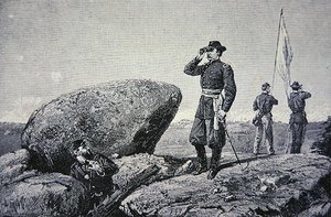 General G.K. Warren ved signalstationen på Little Round Top, Battle of Gettysburg af American School