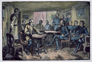 General Robert E. Lee (1807-70) overgiver sig til general Ulysses S. Grant (1822-85) ved Appomattox Courthouse, 9. april 1865 (farve litho) af American School