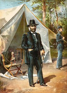 General Ulysses S Grant stående foran sit telt under den amerikanske borgerkrig, pub. 1892 af American School