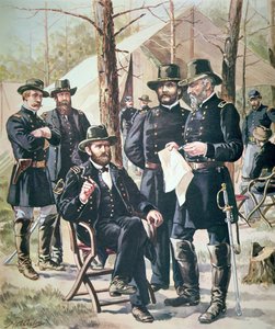 General Ulysses Simpson Grant, øverstbefalende for unionsstyrkerne i slaget ved Shiloh, 6.-7. april 1862 (farve litho) af American School
