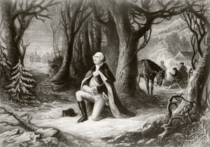 George Washington beder ved den amerikanske uafhængighedskrigs lejr i Valley Forge i vinteren 1777-78 efter et maleri af Henry Brueckner af American School