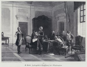 George Washington byder velkommen til Marquis de Lafayette (gravering) af American School