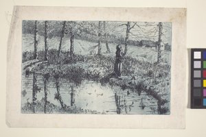 Girl By Pond (ætsning og pladetone trykt i blåt) af American School