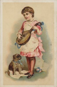 Pige spiller mandolin med en hund af American School