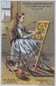 Pige bruger en strikkemaskine (farve litho) af American School